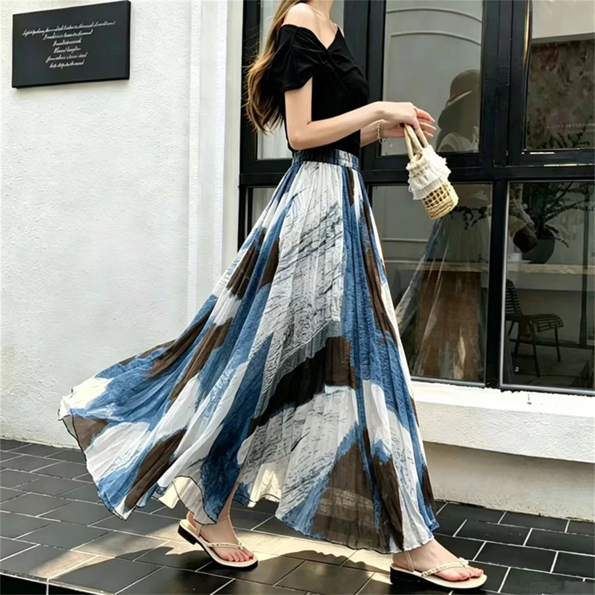 2026 Spring/Summer New Arrival Retro Resort-Style Color-Blocked Floral Skirt for Women High-Waisted Slimming Full Skirts