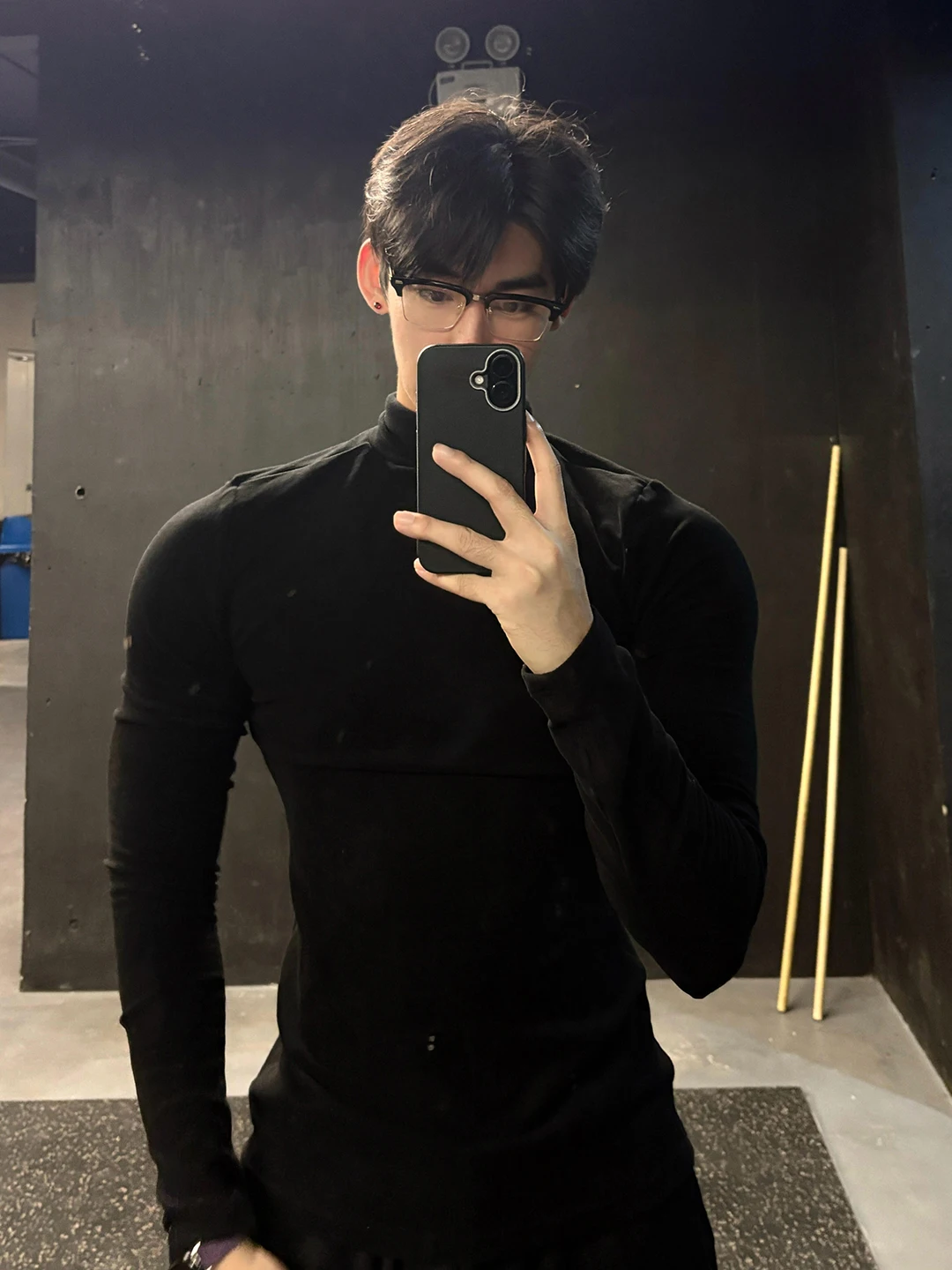 Black Fleece Lined Long Sleeve Slim Fit Base Shirt Men's Style Half High Collar American Inner Wear Sweatshirt Proper Shoulde...
