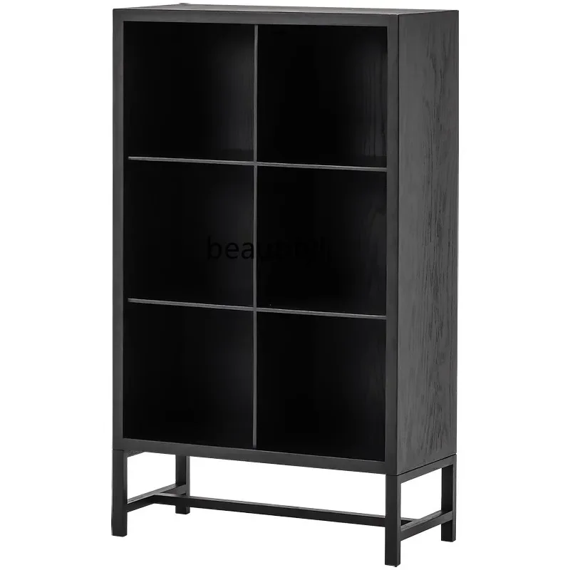 

Medieval oak solid wood, multi-grid unit bookshelf display shelf, black low bookcase floor bookshelf
