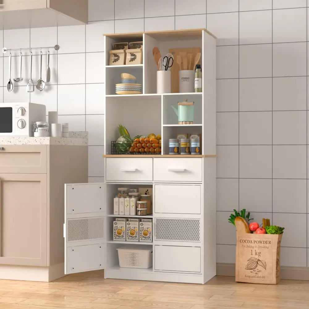 

72'' Kitchen Pantry Cabinet Free Standing Buffet Hutch with Multi Open Shelves Spacious Countertop and Cupboard, Large Capacity