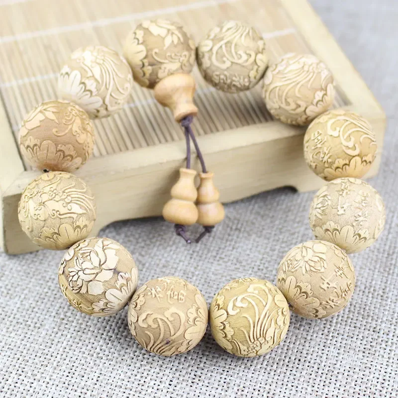 20MM Natural Thuja Cypress Wooden Creative Full Carved Buddha Beads Bracelet Dragon phoenix