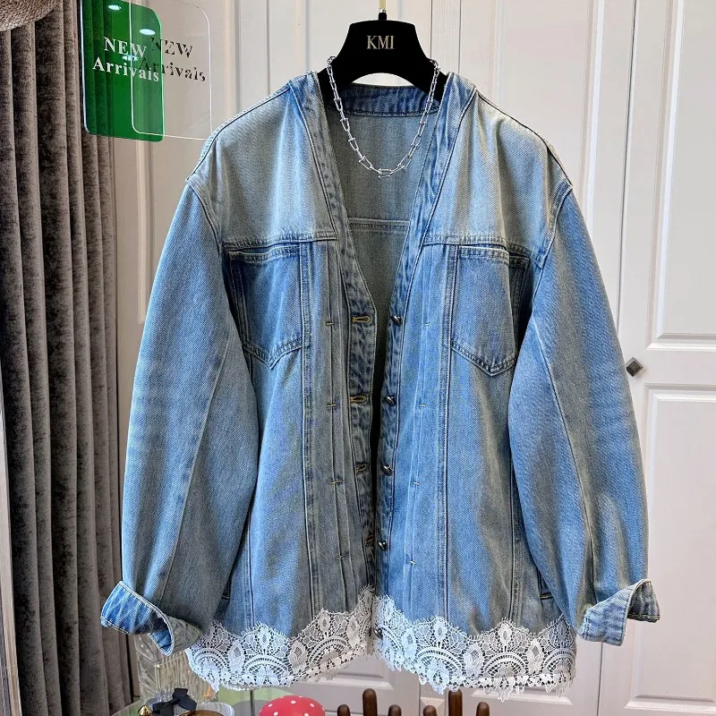 

Women's V-neck Lace Patchwork Denim Jacket Top Loose Trendy Spring Autumn Clothes Women Coats Mujer Single-breasted Coats