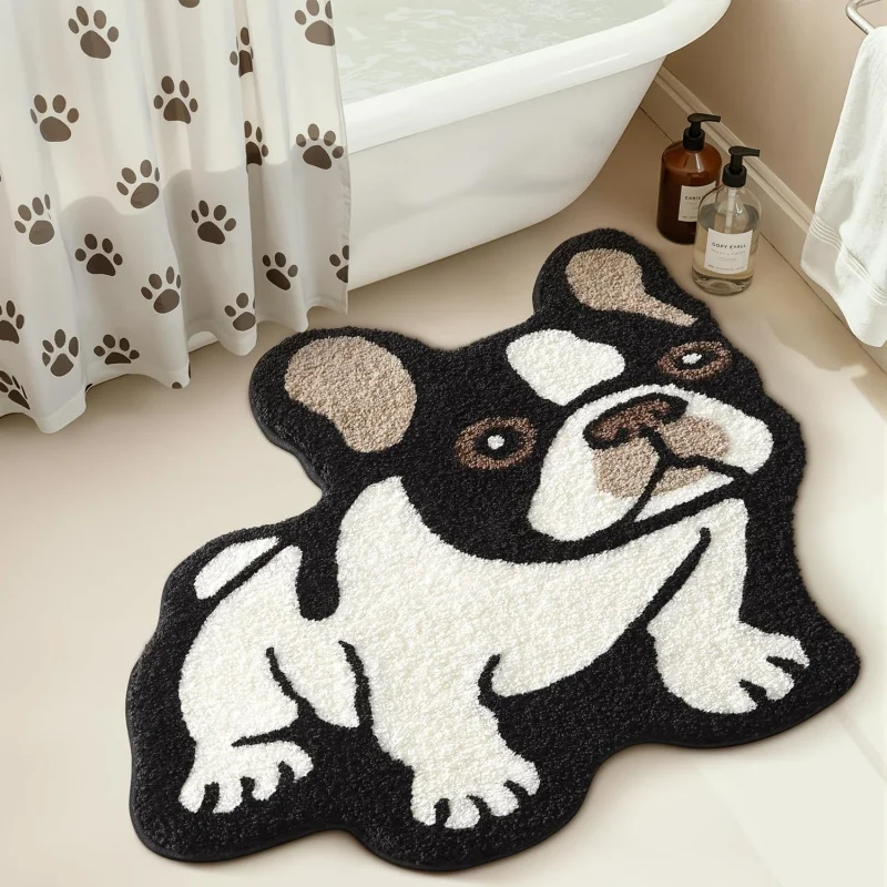 VIKAMA French Bulldog Shaped Entrance Door Mat, Water-Absorbent Non-Slip Bathroom Mat, Kids' Bedroom Rug, Home Decoration