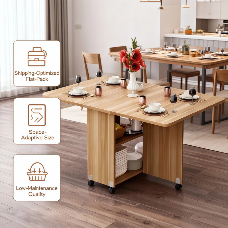 

Solid Wood Folding Extendable Dining Table Portable Space Saving Kitchen Dining Room Seats Small Apartment Multifunctional