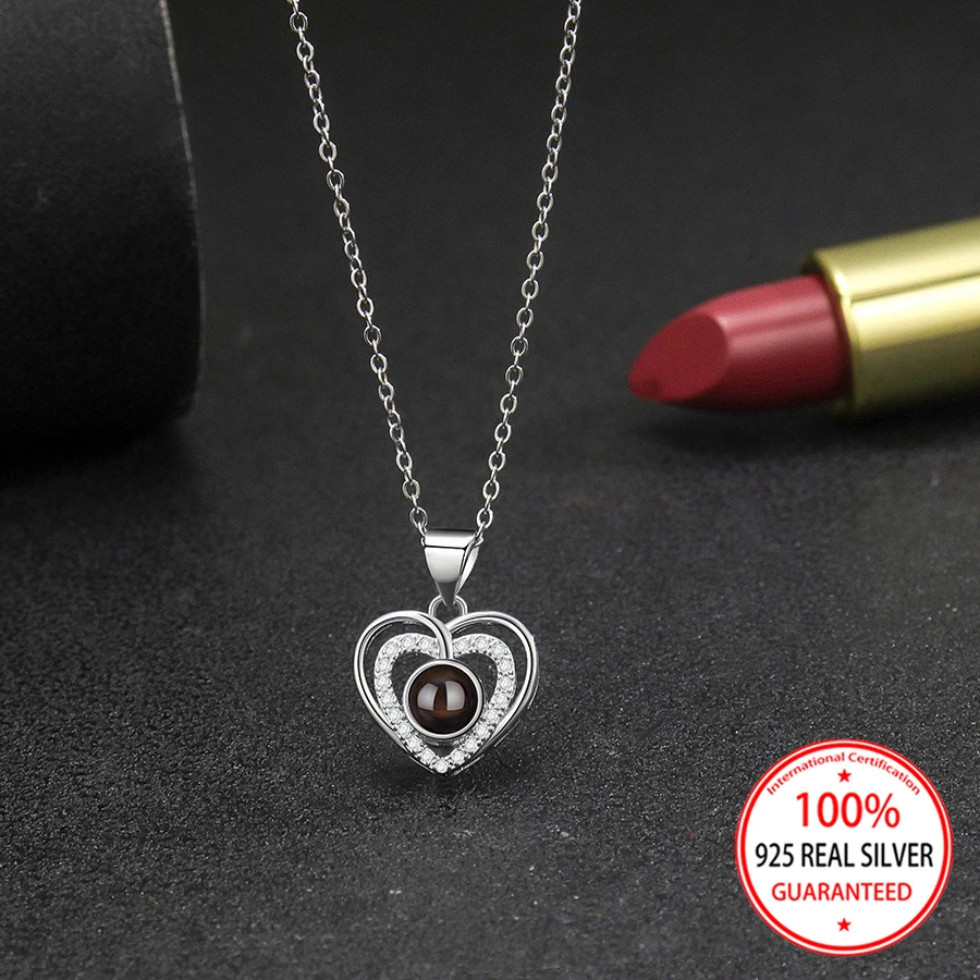 925 فضة مخصص اللون صور الإسقاط القلب قلادة قلادة رائعة خمر عيد الحب السيدات هدية عيد ميلاد #4