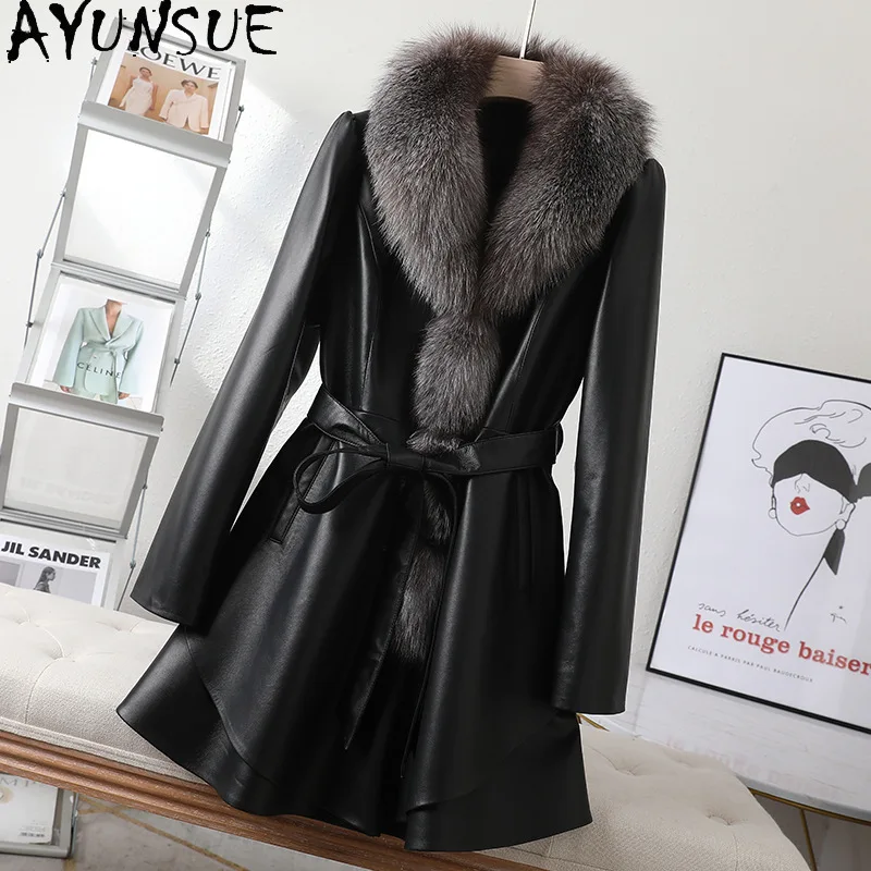 AYUNSUE Echte Schaffell Echtes Leder Jacke Frau 2025, Silber Blau Fuchs Pelz Kragen Damen Jacken Herbst Kleidung Nadalха Ж 1897