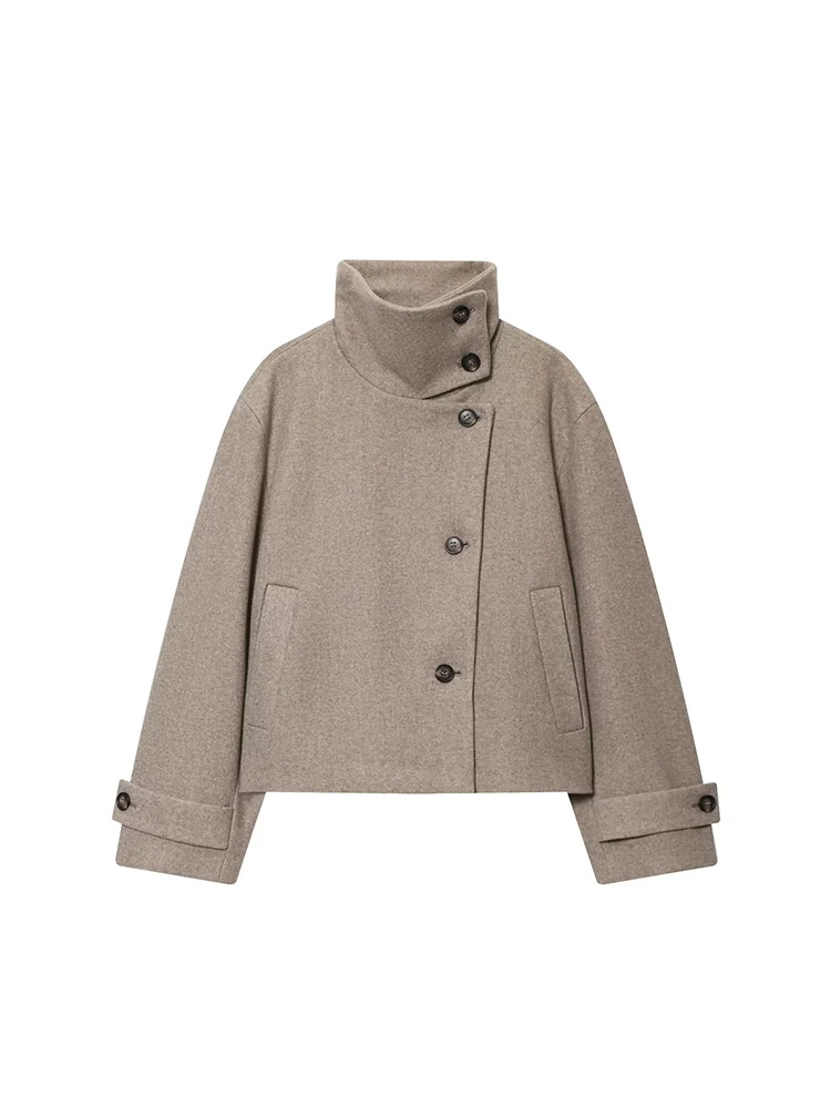 

European style new women's fashionable and versatile solid color casual stand collar long-sleeved coat