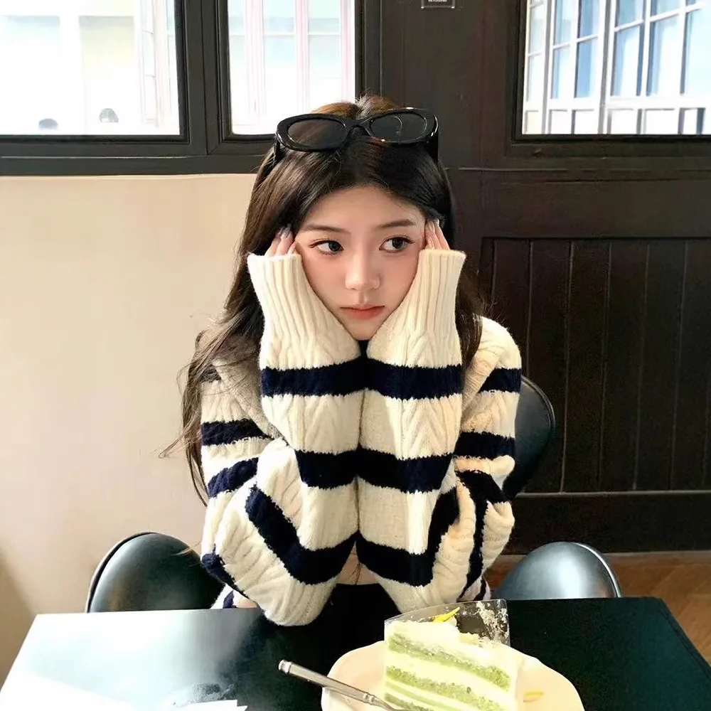 

Women's Spring Korean Style Lazy Fashion round Neck Color Block Striped Open Front Top Loose Short Knitted Sweater Cardigan