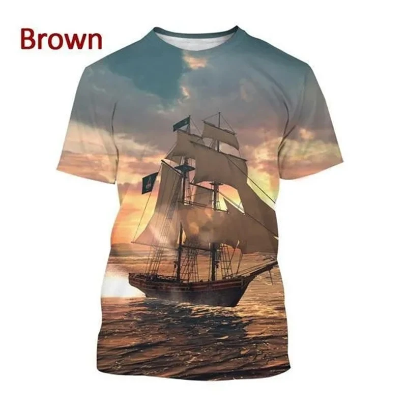 New 3D Printing Pirate Ship Print T-shirts Men\'s Casual Short-sleeved Personality Cool Street Style T Shirt Top Oversized Tees