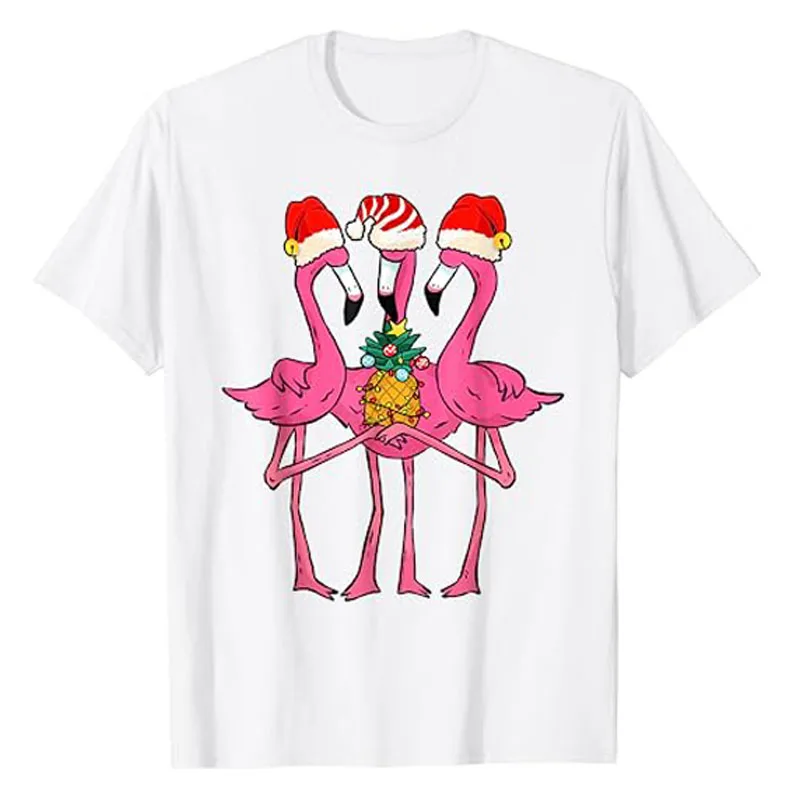 

Cute Tropical Flamingos and Pineapple Christmas In July T-Shirt Funny Xmas Tree Graphic Tee Tops Flamingo Lover Lovely Outfits