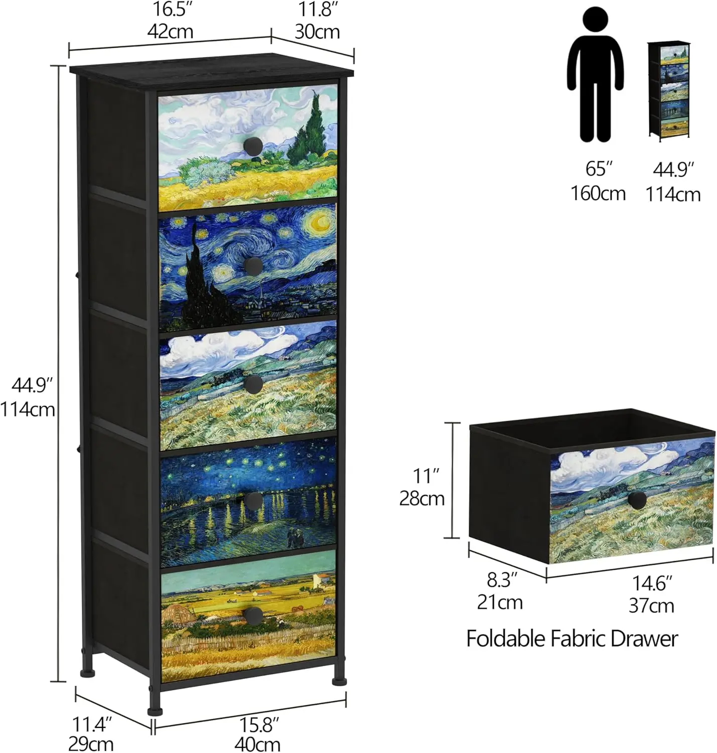 

Dresser With 5 Drawers Narrow Tall Nightstand Van Gogh Dresser For Bedroom Fabric Drawer Organizer Unit For Living Room