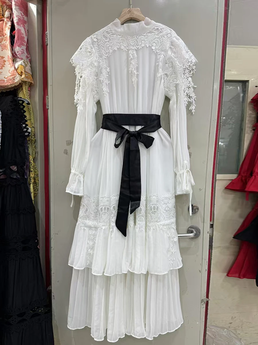 VGH Hit Color Vintage Cocktail Party Dress for Women Stand Collar Patchork Lace Hollow High Waist Irregular Prom Dresses Female