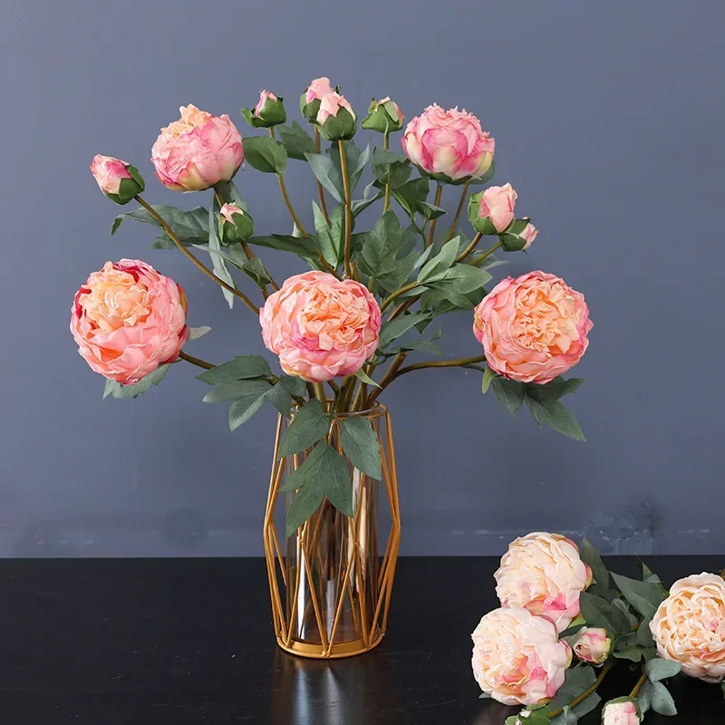 High Quality Simulation 3 Head Bud Core Peony Silk Home Living Room Dining Table Wedding Decoration Fake Artificial Flower