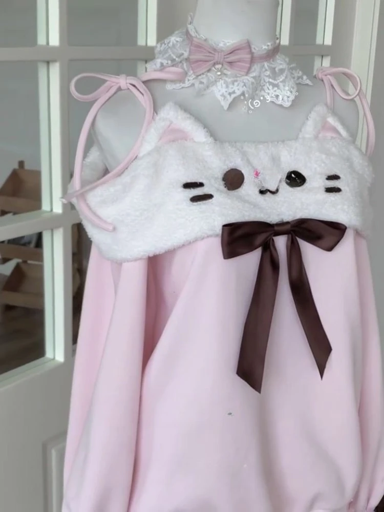 اليابانية Kawaii طويلة الأكمام الوردي هوديي المرأة الخريف الحلو القوس التطريز قبالة الكتف القمم تصميم دافئ جميل المرقعة معطف