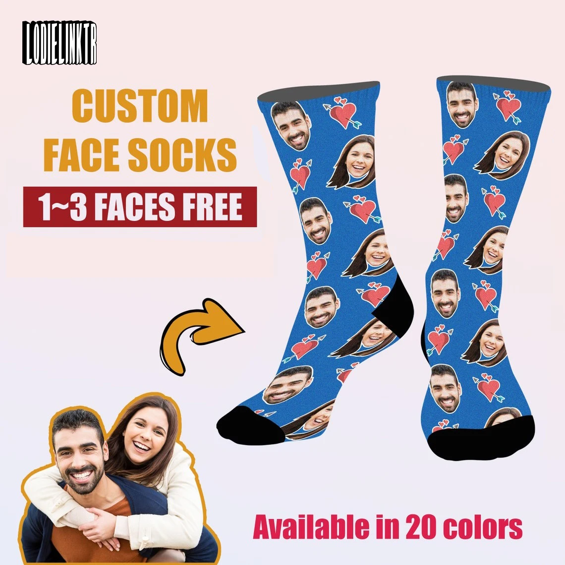 Personalized Face Socks Custom Socks With Human Animal Photos Love Design Valentine's Day Gift 1-3 Faces Free For Men Women