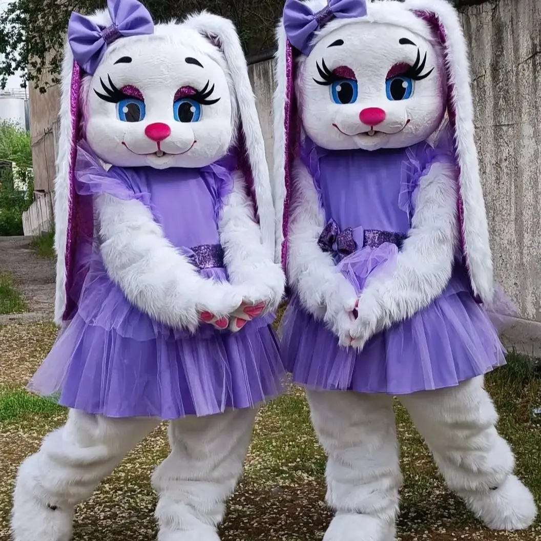 

Purple Dress Cute White Hare Rabbit Mascot Costume Long Ears Bunny Outfits Halloween Christmas Fancy Party Suits