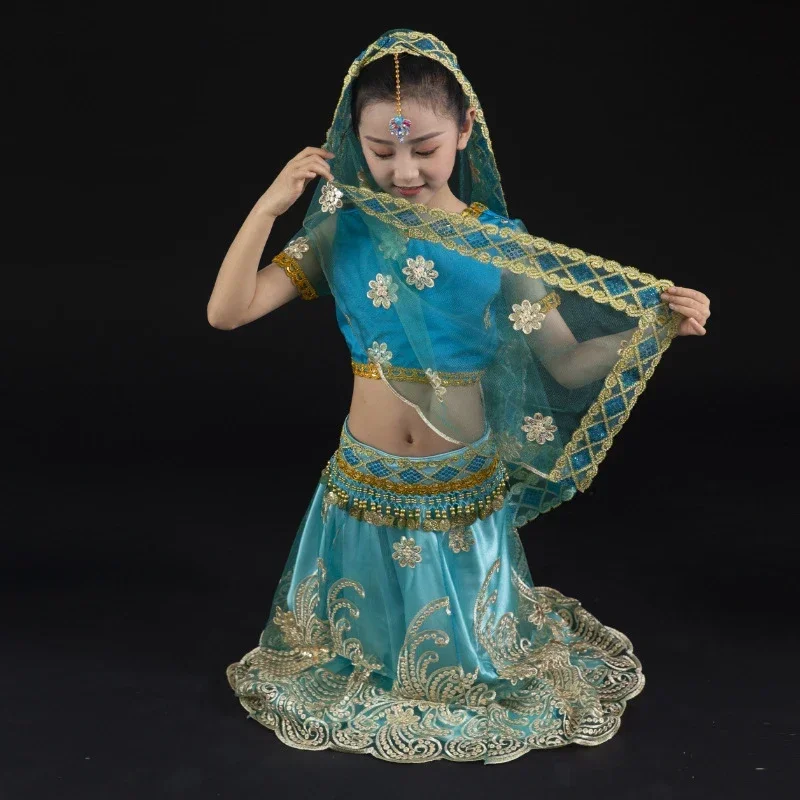 New Children Clothing Indian Style Belly Belt Veil Headdress Girls Performance Dress China Xinjiang Dance Skirt MN8