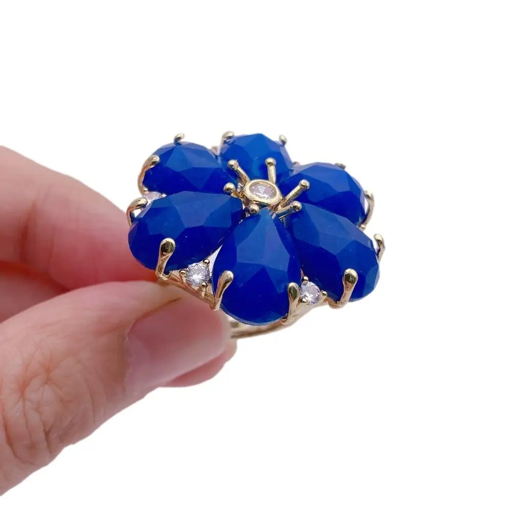 YYGEM 32mm faceted Blue Jade Cubic Zirconia Flower Shape Ring For Women Girl Friend Gift