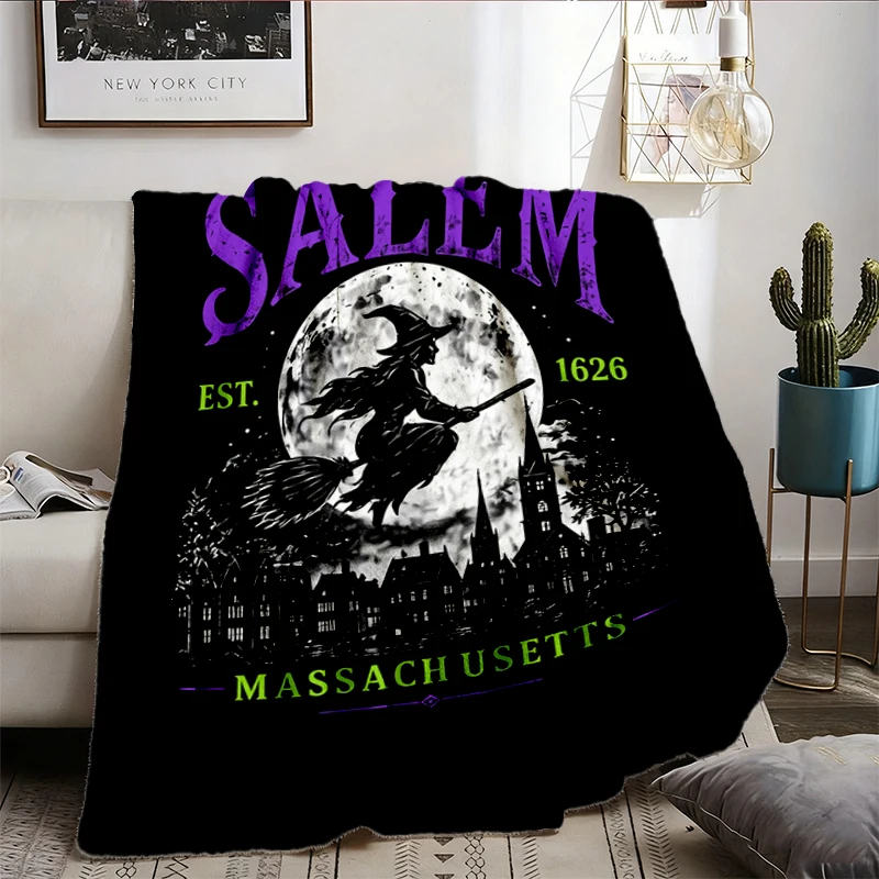 Greetings From Salem Salem Massachusetts Graphic Flannel Blanket, Vintage Witch City Flannel Blanket