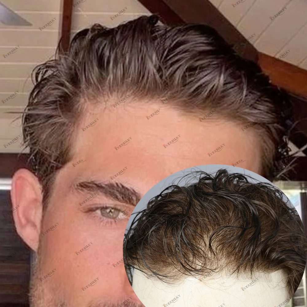 

Невидимый супертонкий мужской парик из искусственной кожи с натуральной линией волос для выпадения волос 0,02-0,03 мм, микрокожа, европейский каштановый протез для волос, парик