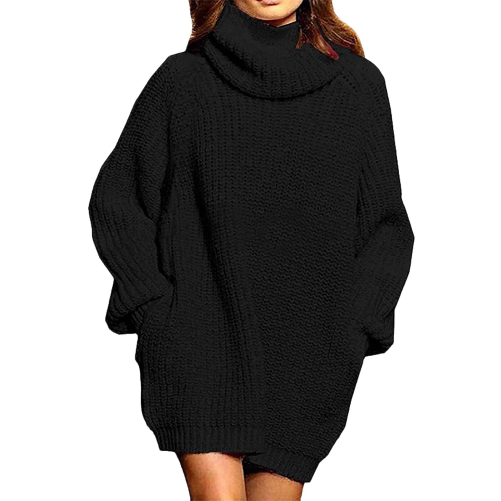 

Autumn Winter Plus Size Elegant Knit Dress Women'S Solid Long Sleeve High Neck Conventional Type Thickening Sweater With Pockets