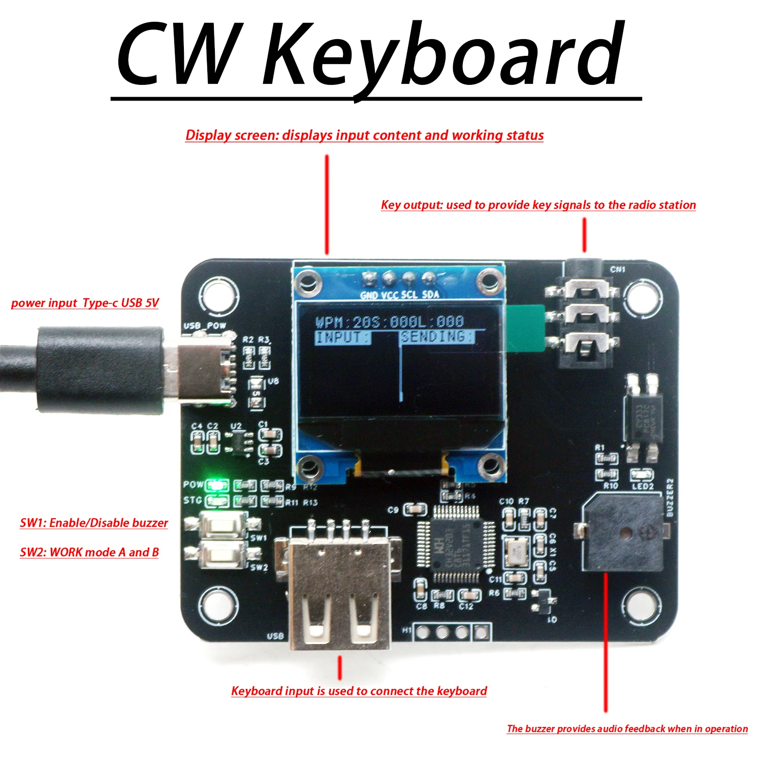 Ham Radio CW Practice & Transmit Keyboard with OLED Display & USB, Morse Code Electronic Keyer for Training Amateur radio