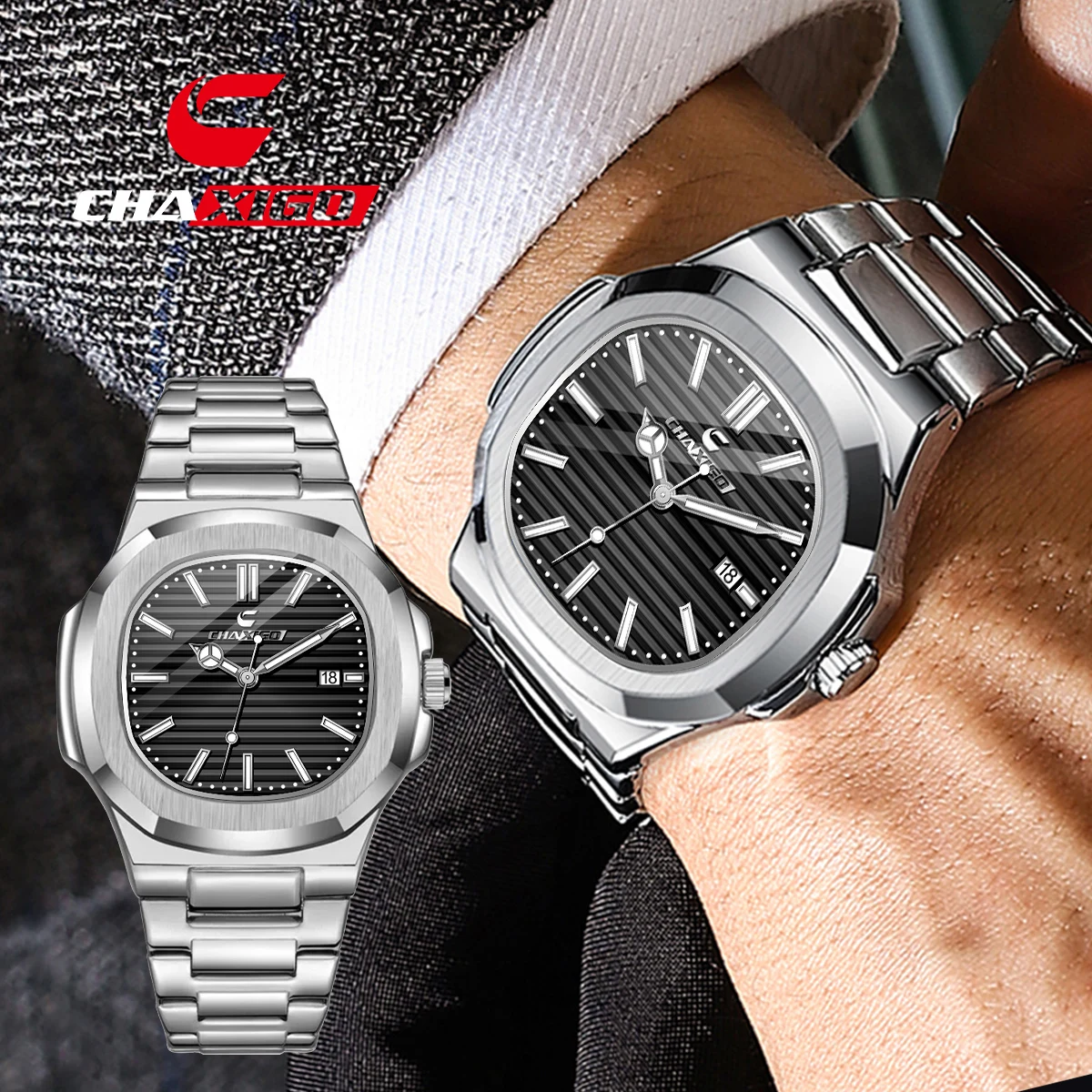 CHAXIGO Men's Stainless Steel Watch for Office and Sports, 30-meter Water Resistance, Luminous Dial, Alloy Case