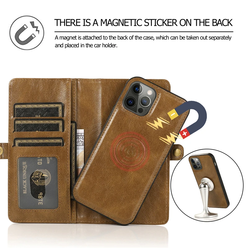 Detachable Magnetic Leather Phone Case For iPhone 15 Pro Max 14 11 12 13 Pro Max 15 Plus Wallet Card Pocket Flip Cover