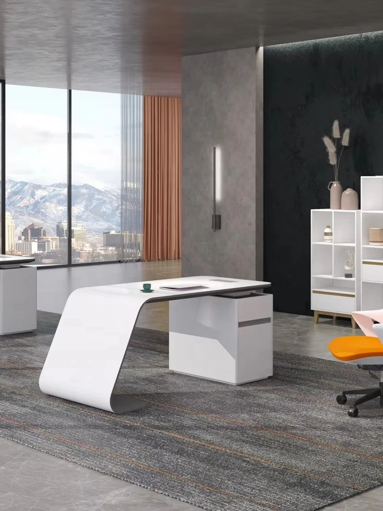Modern high-end luxury executive office furniture L-shaped supervisor desk with side cabinet white desk