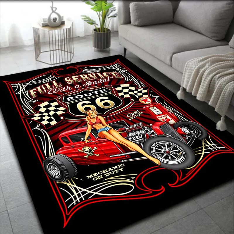 Route 66 Vintage Car Mat - Retro Pin-Up Non-Slip Rug for Living Room, Bedroom & Office, Machine Washable Decor