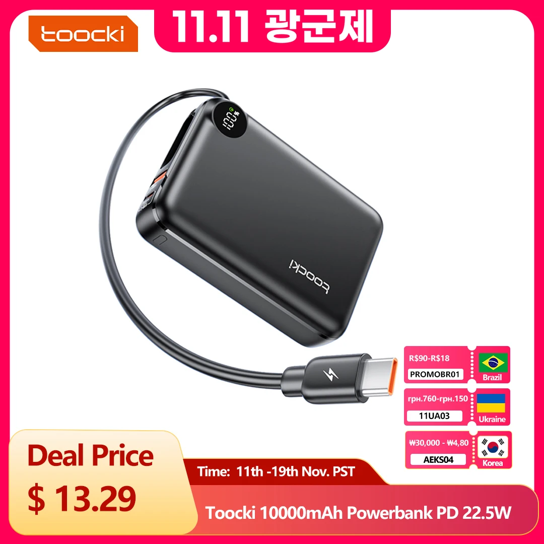 

Toocki 20000mAh Powerbank PD 22.5W Fast Charging Display Power Bank With Type C Cable For iPhone 14 15 16 Samsung S23 Xiaomi 12