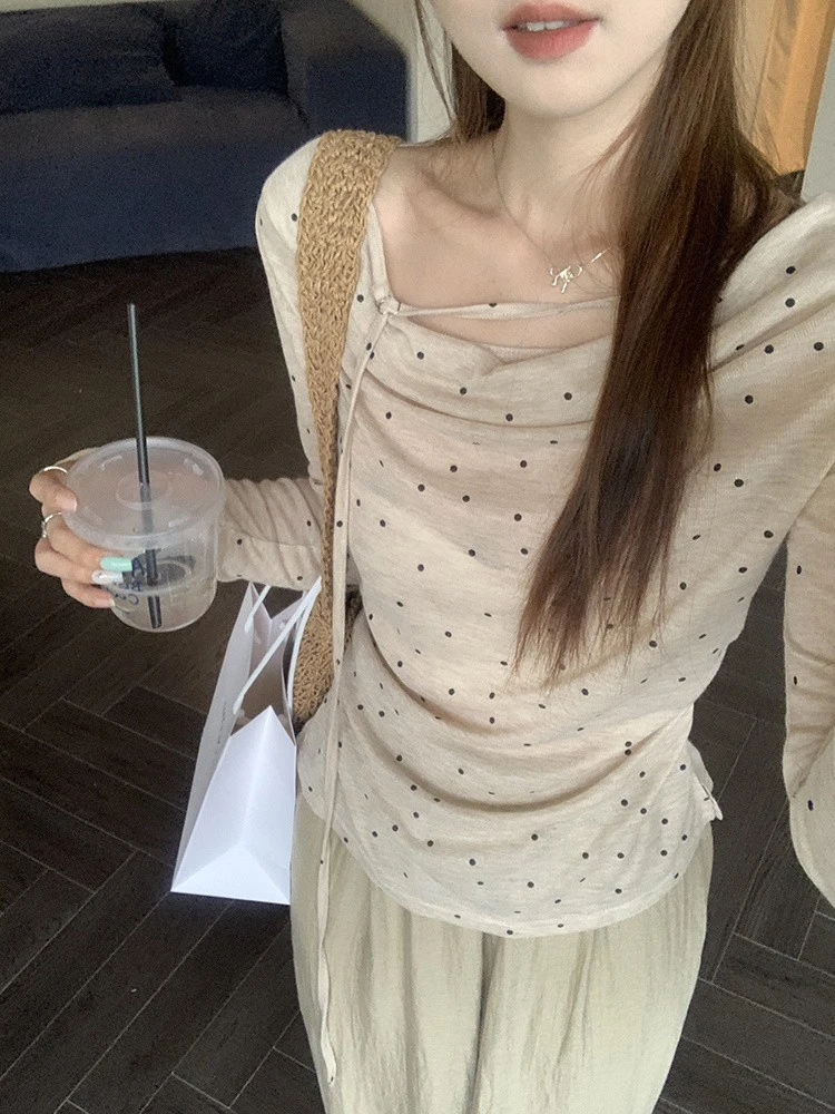 Polka Dot Lace-up Long Sleeve T-Shirt Summer Thin One-Shoulder Women's T-shirt 2025 Slim Women Tops Korean Style Women Clothing