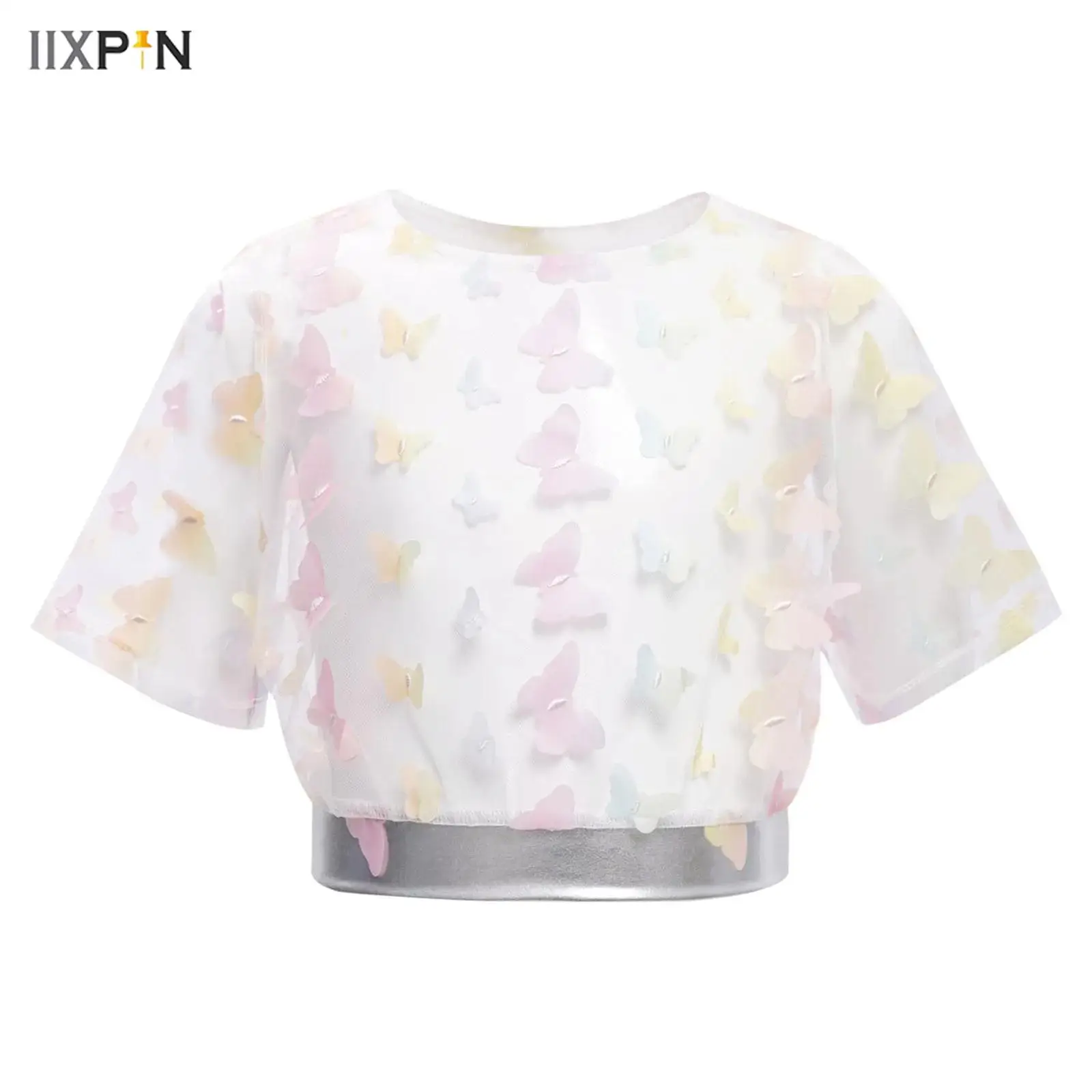 

Kids Girls Shirt Summer Butterfly Sheer Mesh Cover-Ups Round Neck Short Sleeve Crop Top Tees for Jazz Ballet Dance Practice