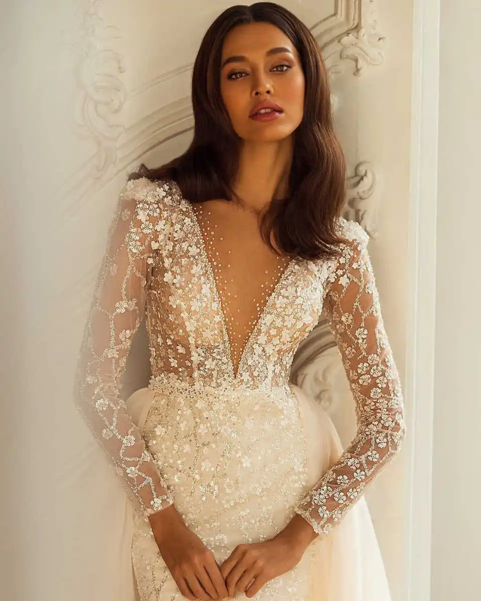 Graziosi abiti da sposa a sirena con scollo a V Appliques Paillettes Abiti da sposa a maniche lunghe Abiti da ballo Vestido de novia Personalizzato