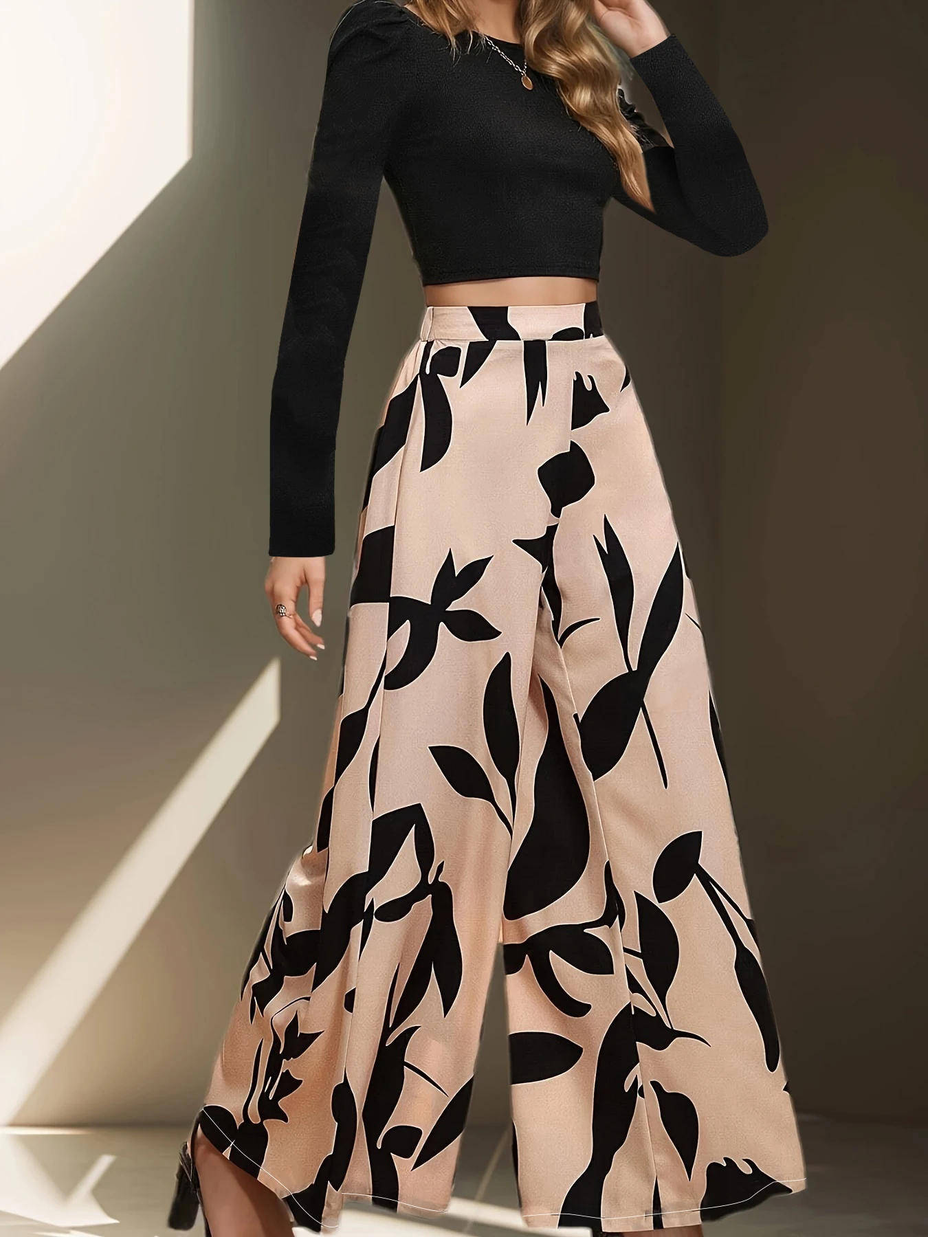 Women's High Waist Floral Print Wide-Leg Pants Loose Casual Long Pants Elegant Office Streetwear