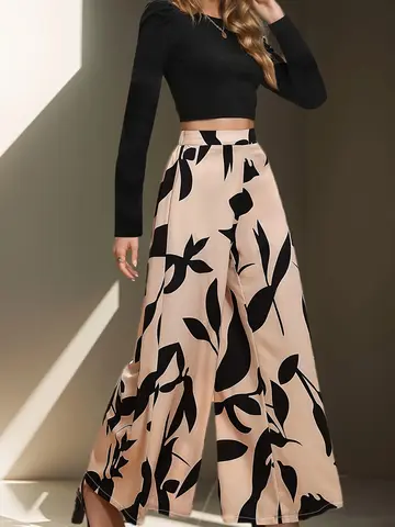 Women's High Waist Floral Print Wide-Leg Pants Loose Casual Long Pants Elegant Office Streetwear