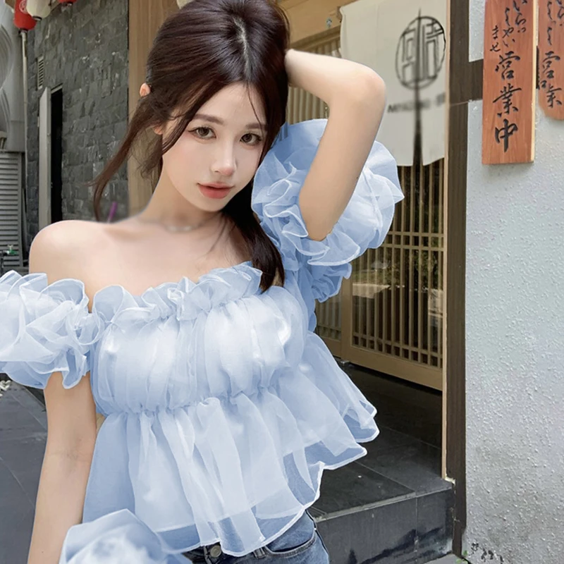 Short Puff Sleeves Blouse Women One Shoulder Top Sweet Square Neck Short Sleeve Shirt Female Sexy Chiffon Blouse Tops