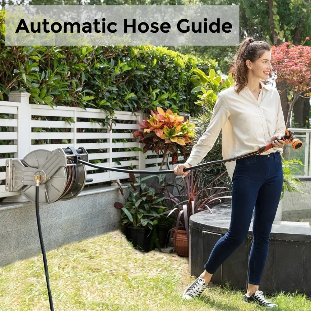 

B For Stainless Steel Garden Hose Reel Heavy Duty, Wall/Floor Mounted Metal Water Hose Reel Retractable with Crank