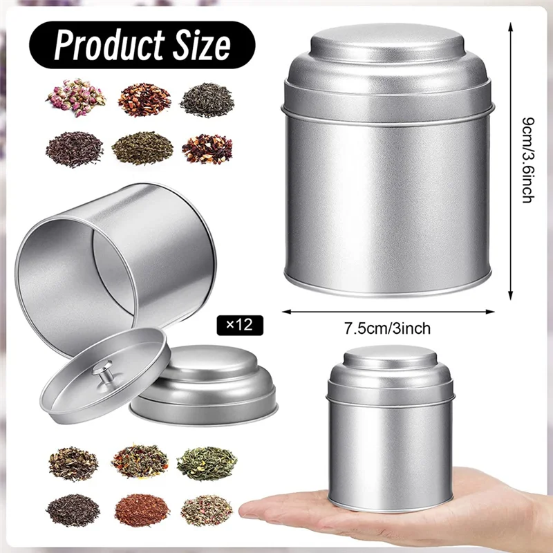 

ABNQ 12 Pcs Tea Tin Canister with Airtight Double Lid 8Oz Round Tin Can Box Small Kitchen Tea Canister Loose Leaf