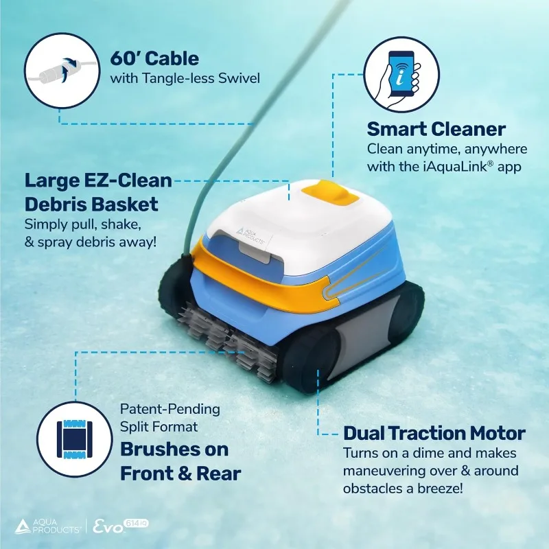 Aqua Products Evo614iQ Robotic Pool Cleaner, Automatic Vacuum for Inground Pools with 60ft Swivel Cable, Smart App