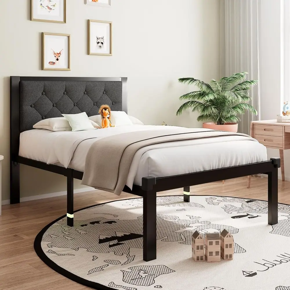 12 Metal Platform Bed Frame with Linen Headboard, Button Tufted, Dark Grey, No Box Spring, Storage Included