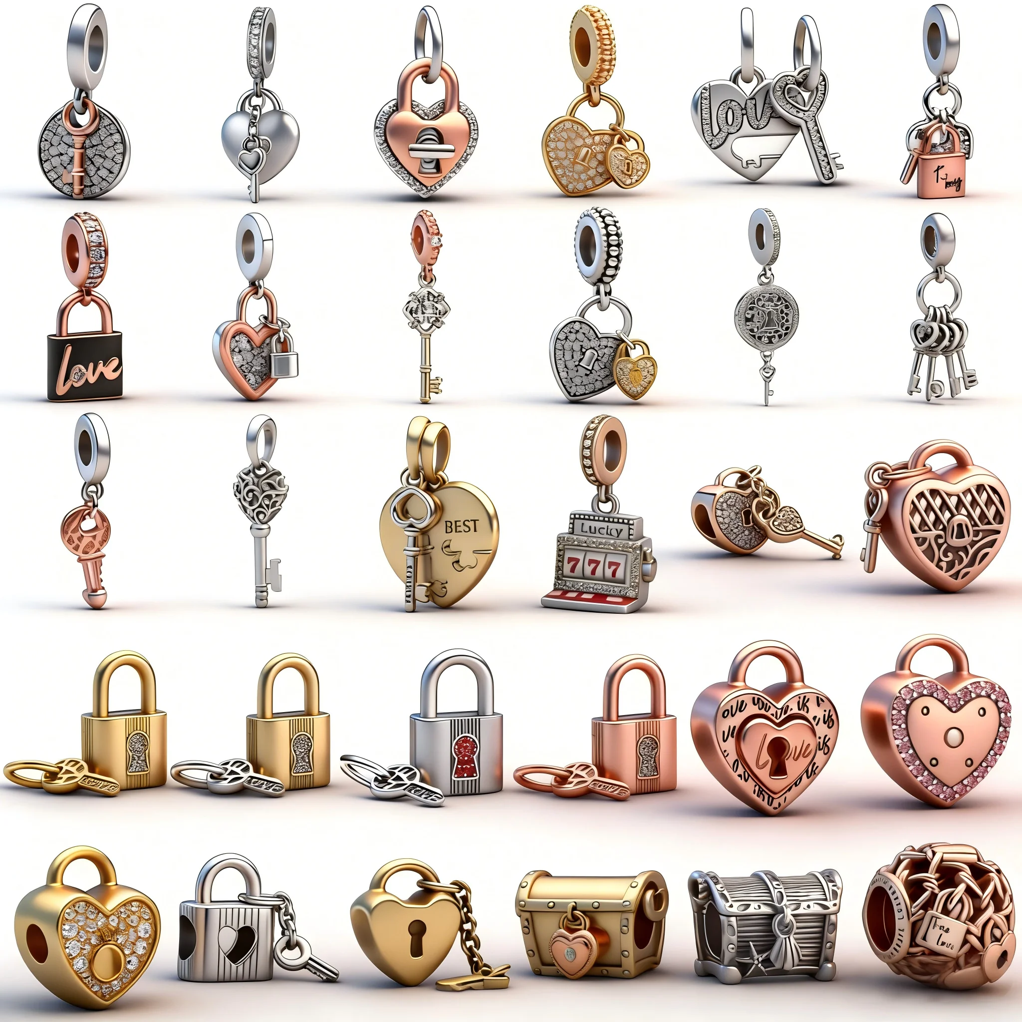 

925 Silver Heart-Shaped Hollow Dual Tone key Lock Pendant Charm Fit Original Bracelets Accessories Trinkets DIY Women Jewelry
