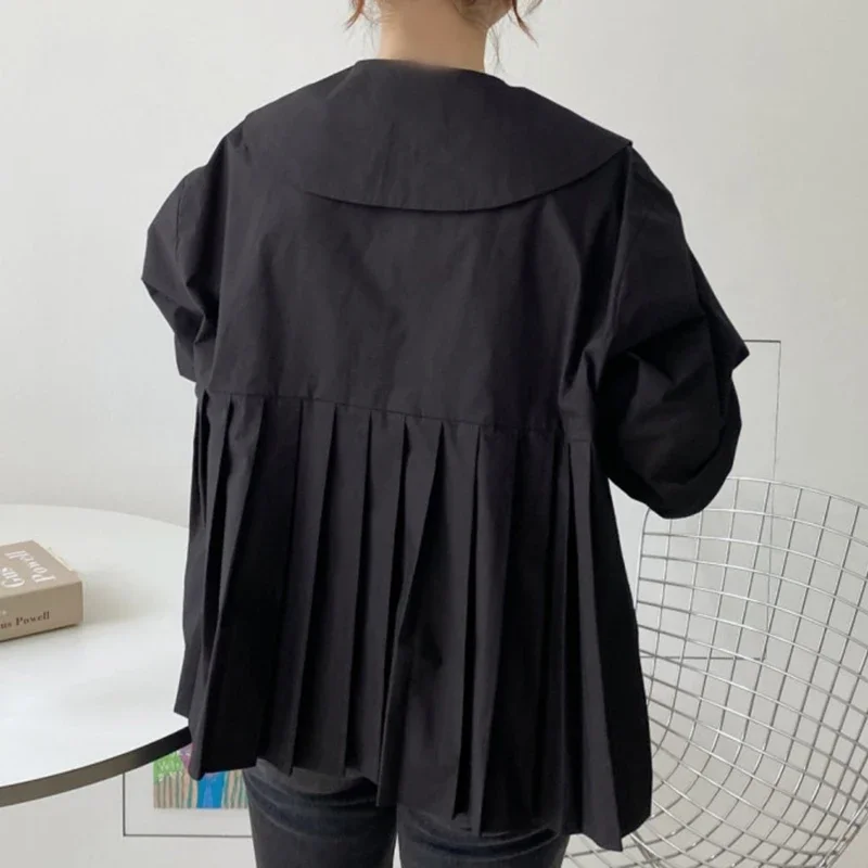 Sweet Peter Pan Collar Back Pleated Shirt Women Spring Autumn 2024 New Loose Casual Blouse Korean Chic Elegant Vintage Blusas