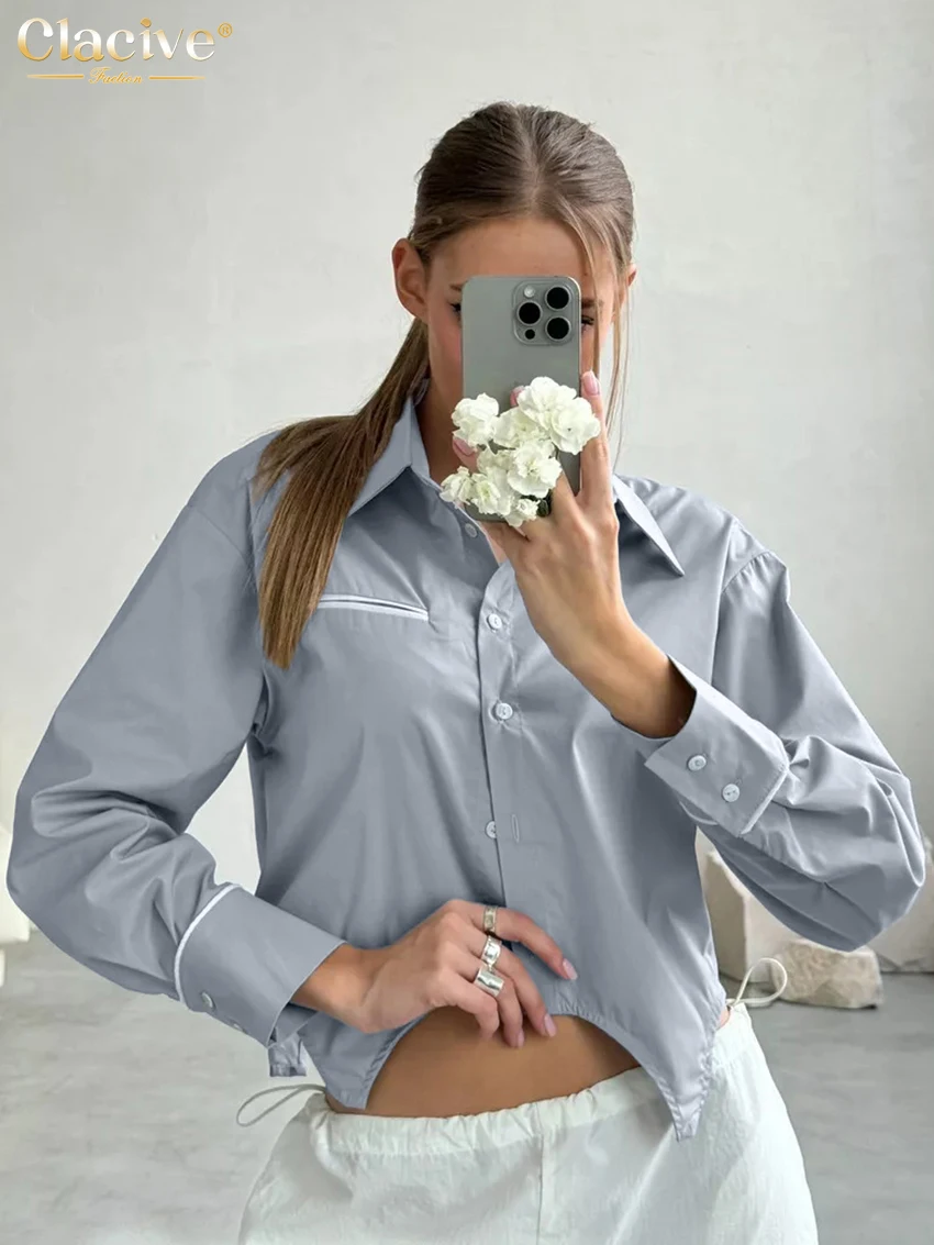 

Clacive Fashion Loose Gray Cotton Women Blouse 2025 Casual Lapel Long Sleeve Shirt Elegant Classic Irregular Top Female Clothing