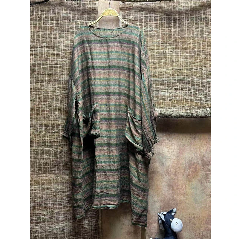 Vestido de Algodón y Lino a Rayas con Estampado Vintage, Estilo Artístico, Holgado, Casual, con Cuello Redondo y Manga Larga, para Mujer, Primavera 2026, S179
