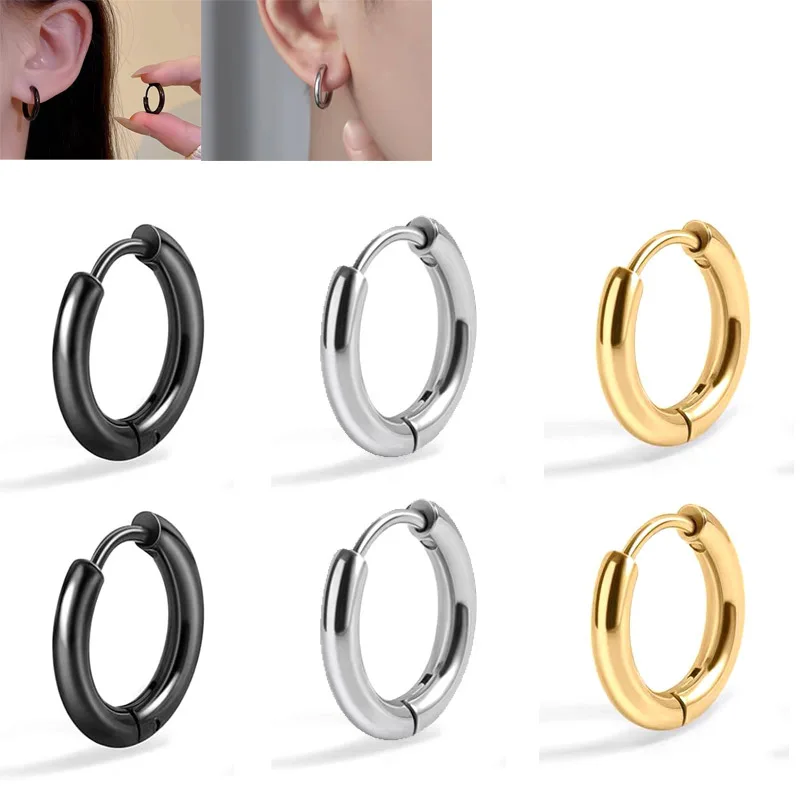 Kymyad 3pairs/set Stainless Steel Earrings Man Gold Silver Black Color Hoop Earrings Set Women Men Simple Hip-hop 1.6CM Hoops