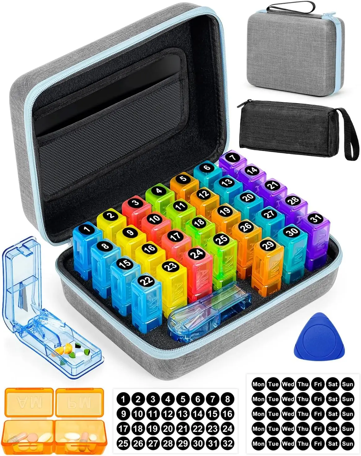 

Monthly Pill Organizer 2 Times Daily, Weekly Bags, Hard Case, Cutter & Opener, Stickers for Medication Management (Blue)