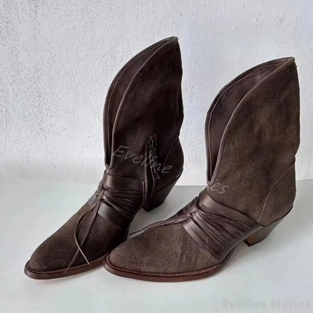 

Maillard Wasteland Desert Boots Women Retro Pointed Toe Lace Up Slip On V-neck Western Ankle Boots 2025 Chunky Heel Short Boots