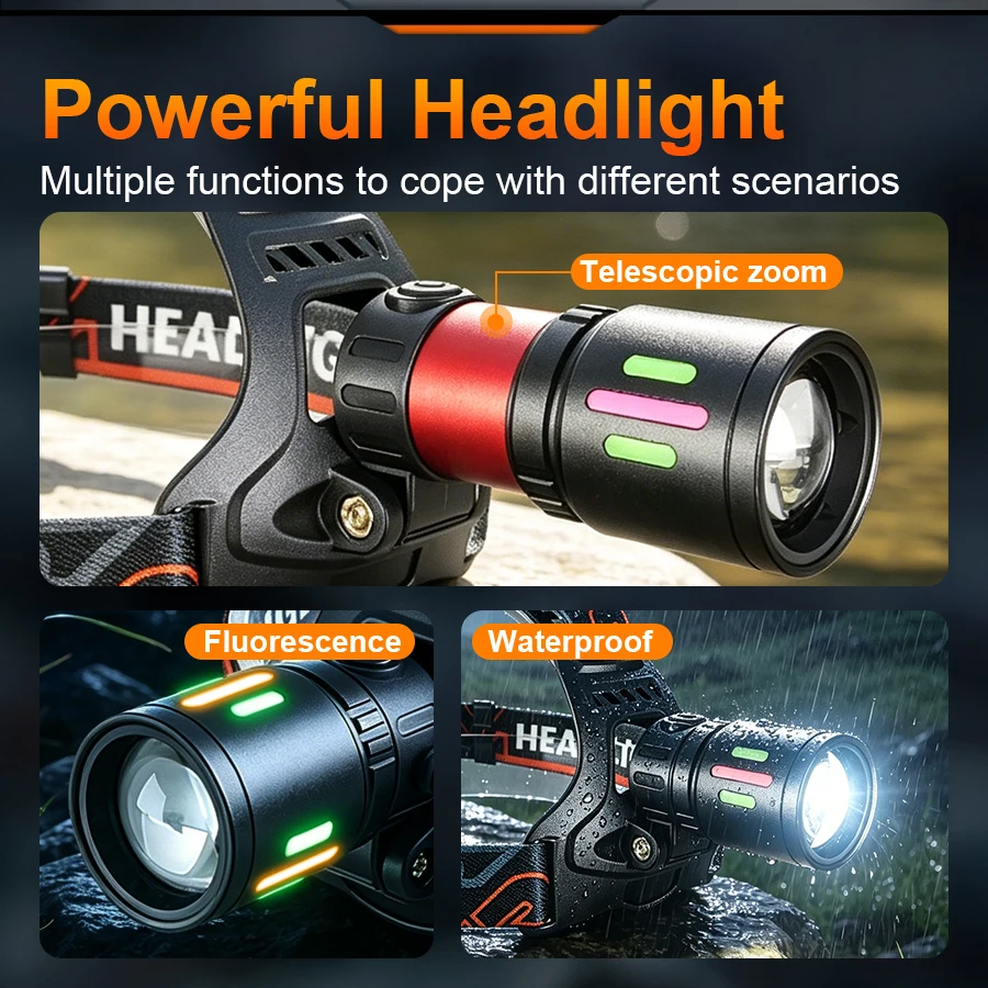 Super Bright 555000000LM Headlamp Fluorescent Strip Rechargeable Zoom LED Head Light Waterproof Outdoor Camping Head Flashlight