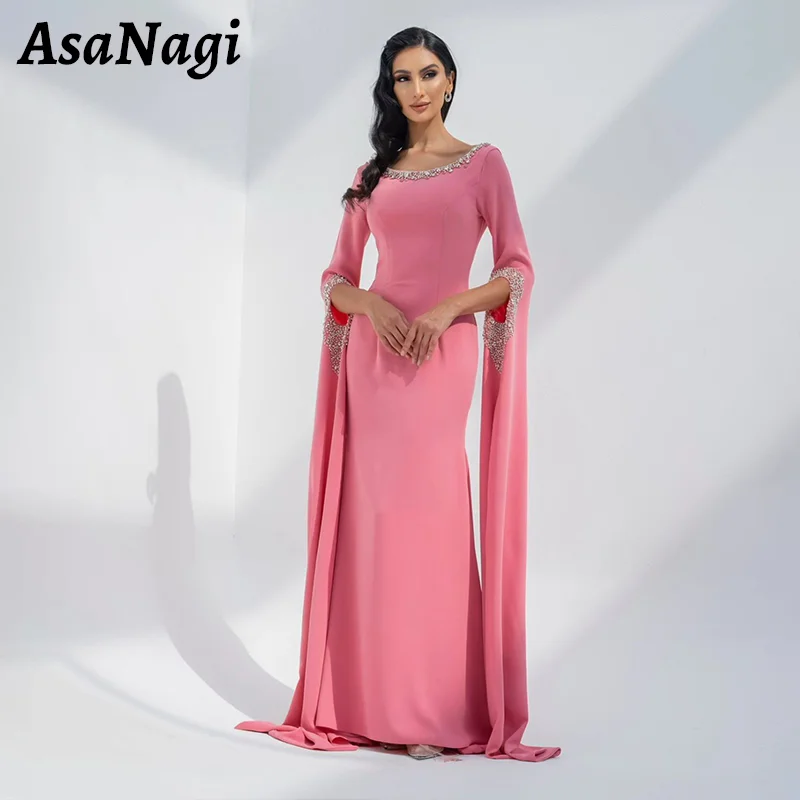 

AsaNagi Elegant Mermaid Evening Gown Women's Long Sleeve Crystal O Neck Party Prom Dress Saudi Arabia Special Occasion Dresses